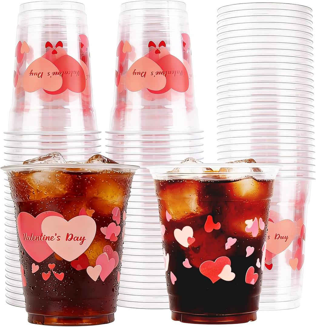 50 Pcs 12oz Valentine's Day Plastic Cups Clear Disposable Cups with Pink Hearts | Valentine Party Cups, Galentine's, Party Supplies, Bulk Drinkware