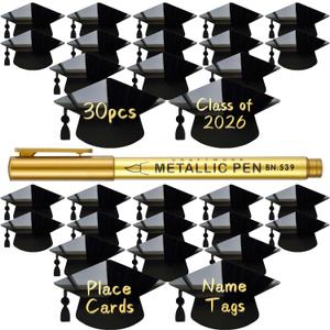 Crtiin 30 Pack 2026 Graduation Place Cards, Mirror Acrylic Graduation Cap Table Cards with Gold Metallic Marker Pen, Reusable Black Name Tags for Grad Party Table Settings