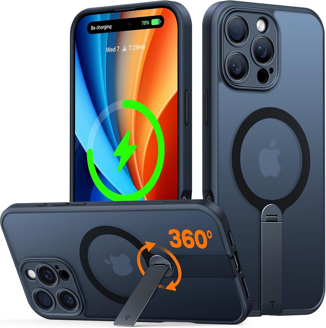 TORRAS Upgraded 360Rotable Stand Magnetic Case for iPhone 16 Pro Max Case, Full Camera Protection, Fit for MagSafe,16FT Mil-Grade Drop Protection for iPhone 16 Pro Max (6.9"), Black Titanium