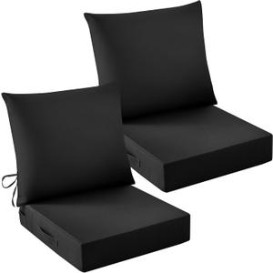 Outdoor Chair Cushions, 24 x 24 Inch Outdoor Cushion for Patio Furniture, Patio Chair Cushion, Waterproof & Fade Resistant Deep Patio Furniture Cushions Set with Handle and Ties, Black (Set of 2), 24*24+5.75/25*22.5