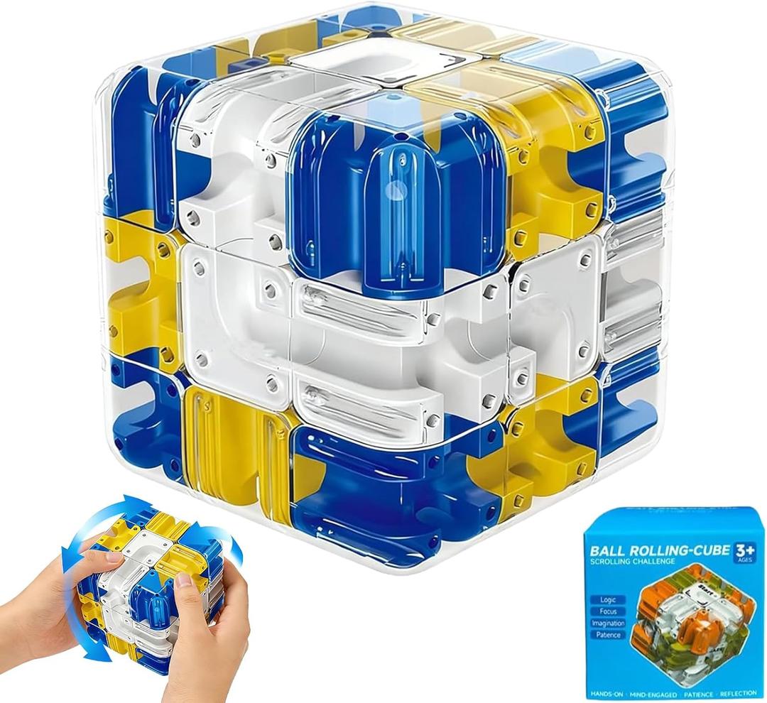 3D Rolling Ball Maze Cube, Marble Labyrinth Cube, 3D Labyrinth Puzzle Cube, Spatial Awareness Brain Training Educational Focus Game Gift for Adults Teens Kids (Yellow & Blue)