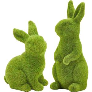 2 PCS Moss Bunny Decorative Figurines Flocked Resin Easter Bunny Decor Green Moss Bunnies for Spring Indoor Table and Bookshelf Decorations Home Rabbit Decorations(Large Moss)