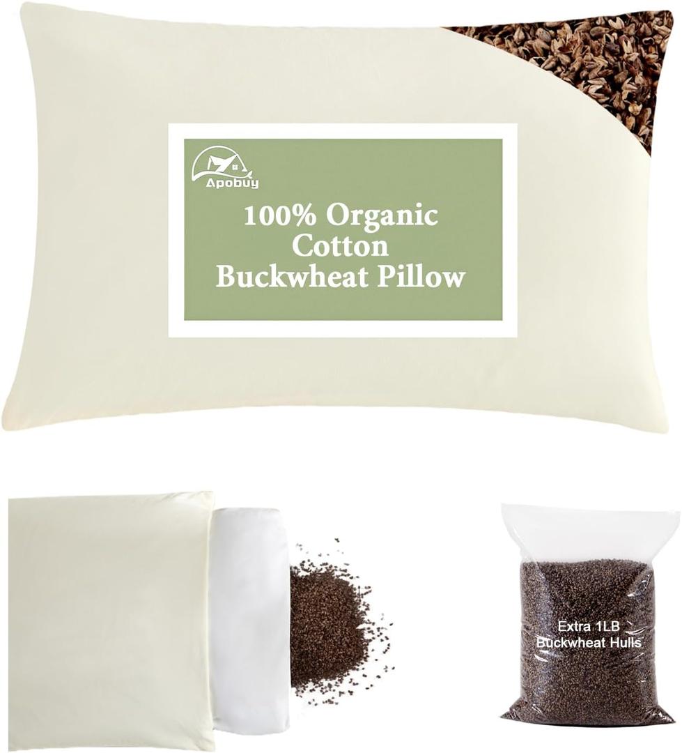 Organic Buckwheat Pillow for Sleeping with Dual-Layer Pillowcase and Extra Tartary Buckwheat Hulls, Adjust Height and Firmness, Neck Support Pillow for Back and Side Sleepers 16"x22"