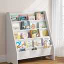 SEIRIONE Sturdy Kids Bookshelf, Eco-Safe 4-Tier Sling Bookshelf for Kids Room with Tear-Proof Oxford Fabric, Ideal Height for Easy Book Access, Deep Slings to Keep Books Upright, White/Wood Texture