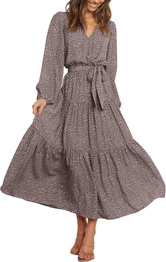PRETTYGARDEN Womens Spring Long Sleeve Wrap V Neck Ruffle Floral Maxi Dress Casual Tie Waist Boho Chiffon Flowy Long Dresses (Brown), XL