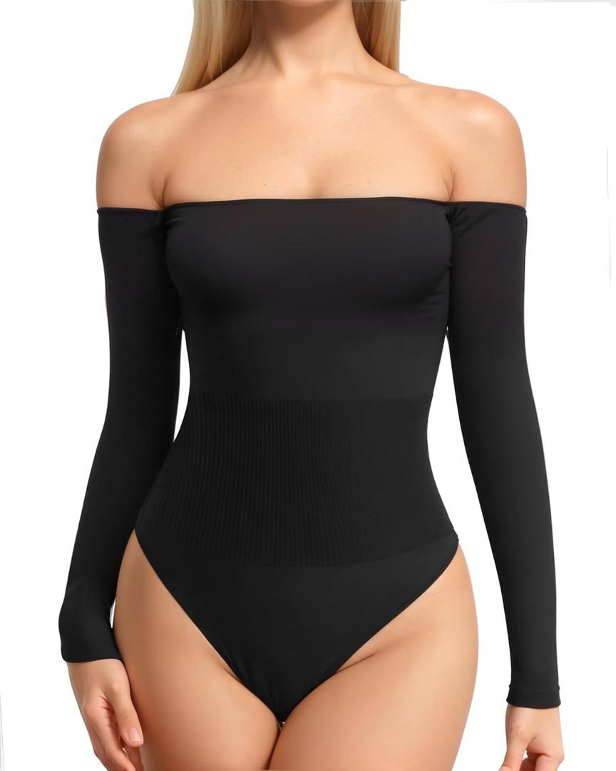 MANGOPOP Shapewear Tummy Control Bodysuit Off The Shoulder Long Sleeve Body Suits for Womens Ribbed Seamless Tops (X-Large)