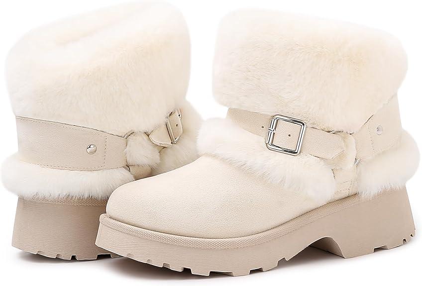 Furry Winter Boots for Women, Block Heels Snow Boot Platform Flurry Fuzzy Winter Booties Buckle Slip-On Comfort Outdoor Walking Shoes, Beige US 8.5