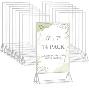 Daofary Acrylic Sign Holder 5 x 7, 14 Pack Double Sided Silver Picture Frame Stand up Table Top Sign Holders, Clear Display Stand Menu Flyer Holder for Wedding Party