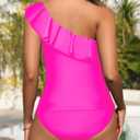 Yonique Women's Two Piece Swimsuits One Shoulder Tankini Tummy Control Bathing Suits Ruffle Swimwear (Pink, L)