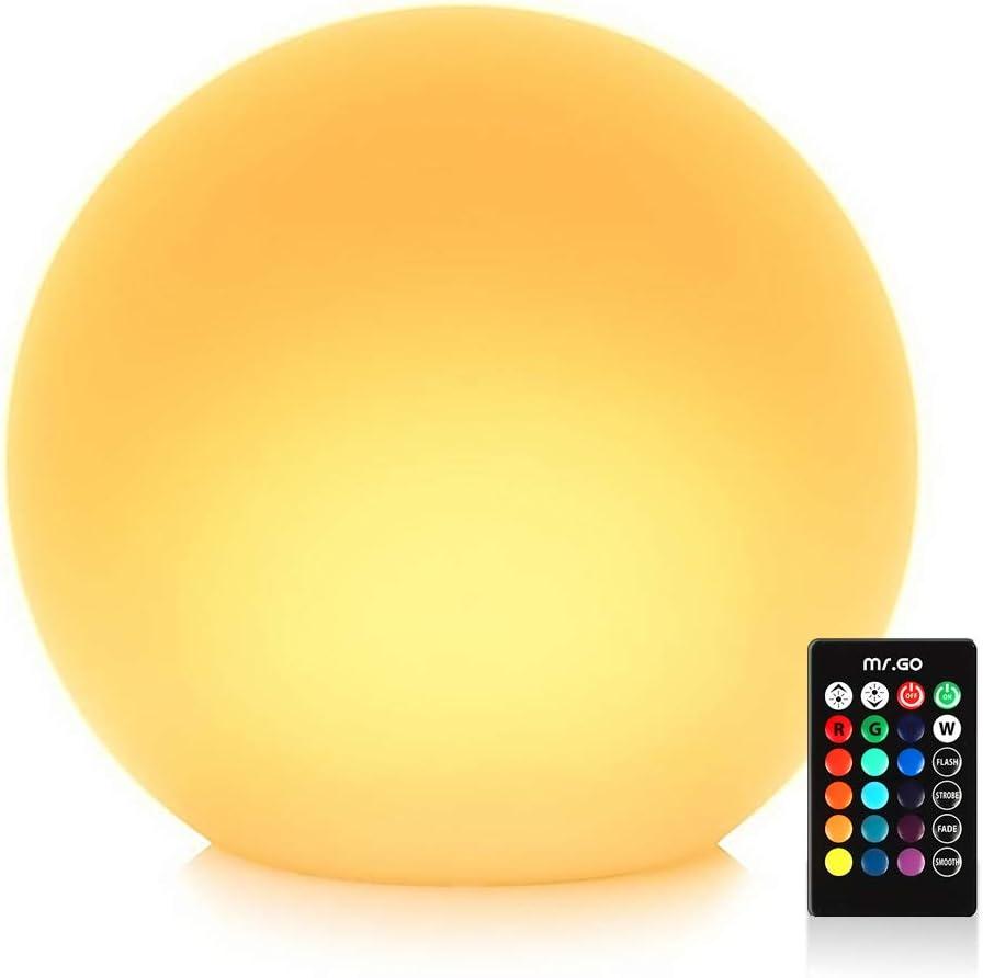 Mr.Go 14-inch LED Ball Light, Cordless Rechargeable Globe Lamp w/Remote, 16 RGB Color Changing Dimmable Mood Lamp, Waterproof Decorative Glow Orb Light for Home Outdoor Garden Patio Pool Party Decor