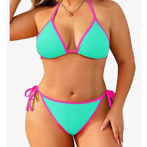 Tempt Me Women Plus Size Triangle Bikini Sets String Two Piece Halter Swimsuits with Tie Side Bottom,12 W