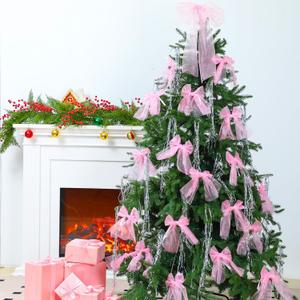 Christmas Tree Bow Decorations and Tinsel Icicles Set Include 30 Pcs Small Organza Christmas Bows 1 PC 11 x 20 Large Tree Topper Tinsel Icicles for Wedding Holiday Home Decor(Pink)