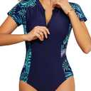 SHEKINI Women's Short Sleeve Rash Guard Swim Shirts UV Protection Zipper Surfing One Piece Swimsuit UPF 50 (X-Large, Deep Blue Leaves)