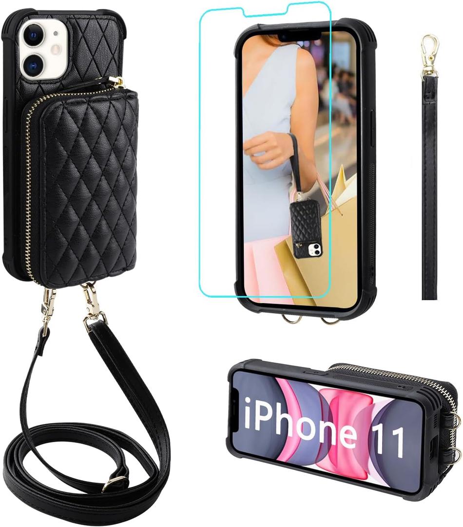 MONASAY Zipper Wallet Case Fit for iPhone 15 Pro Max [Glass Screen Protector ][RFID Blocking] Flip Leather Handbag Phone Cover with Card Holder and Detachable Crossbody Shoulder Lanyard Strap, Black