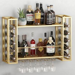 ZAOBAS Wall Mounted Wine Rack, 48" W x 9.8" D x 21.6" H | Hanging Floating Bar Liquor Shelves, Metal Bottle Holder Wine Storage Display Shelf for Home Bar Dining Room Kitchen