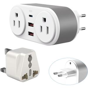 European Travel Plug Adapter for Europe & UK, PD 20W Fast Charger with 2 Outlets 3 USB Charging Ports, CHUAFIUR US to Europe Plug Adapter to UK EU Ireland Italy Israel Spain France Travel Essentials