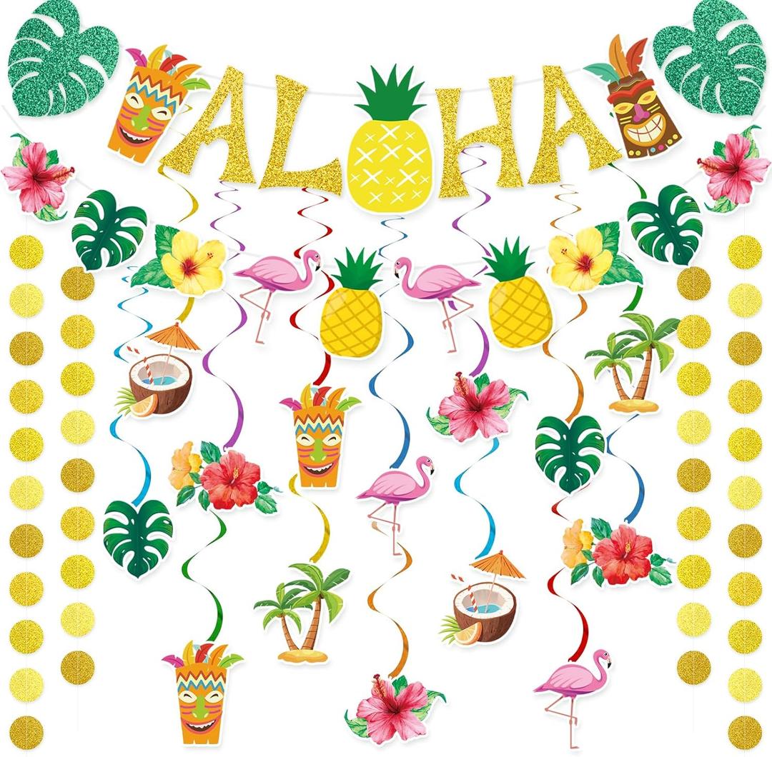 Pre-Strung Hawaiian Aloha Party Banner Decorations, Large Luau Tiki Tropical Party Decorations for Summer Beach Birthday Party Supplies