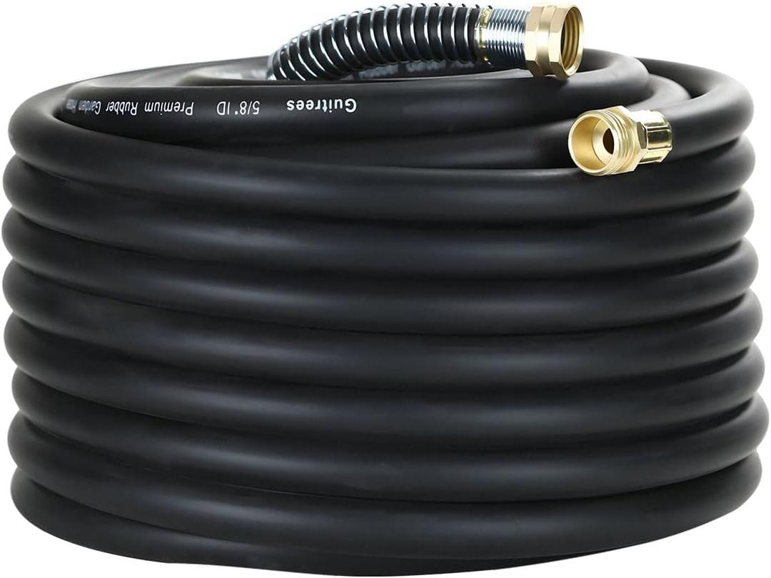 Guitrees 75FT 5/8 Heavy Duty Rubber Garden Hose - 300psi Working, 1000psi Burst - Hot/Cold Water - Five-Layered Braiding for Durability - Versatile for Gardening, Agriculture, Construction(Black)