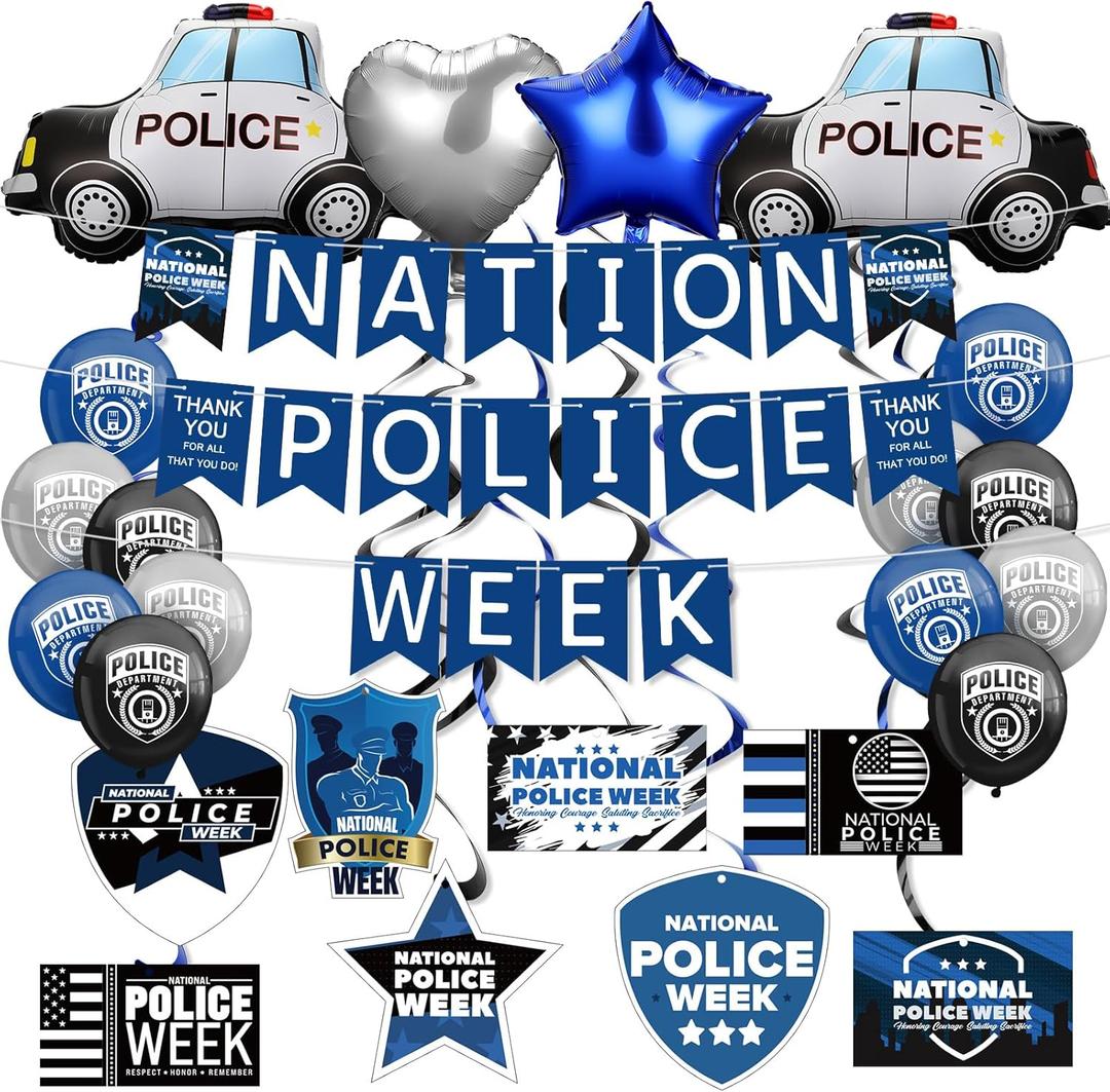 Ceenna 54 Pcs National Police Week Decorations Include Banner Balloons Sets for Policemen Policewomen Appreciation Week Festival Party Supplies (Silver Black Dark Blue)