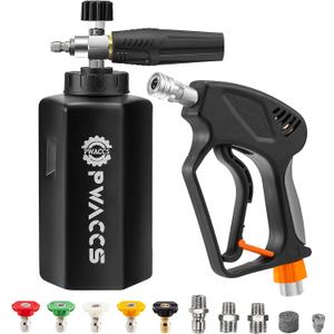 PWACCS Pressure Washer Gun with Foam Cannon, Short Pressure Washer Gun with Swivel, Foam Cannon for Car Wash Foam Gun Kit with 1/4" Quick Connector, 5 Pressure Washer Nozzle Tips, 1.5 Liter, 5000 PSI