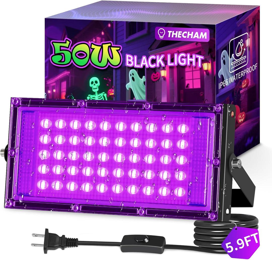 50W LED Black Lights IP66 Waterproof Black Light Outdoor with 5.9ft Plug+Switch,Flood Blacklight for Halloween Glow in The Dark Party Stage Light Neon Glow Birthday 1 Pack