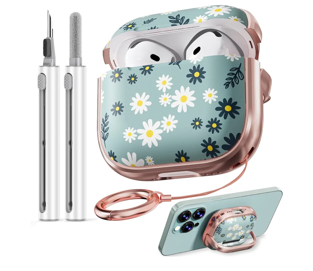 Inesore with Safety Lock for AirPods 4 Case,Clear Floral Cute AirPod 4th Generation Case for Women Girly with Cleaner Kit and Keychain- Green Daisy Flowers