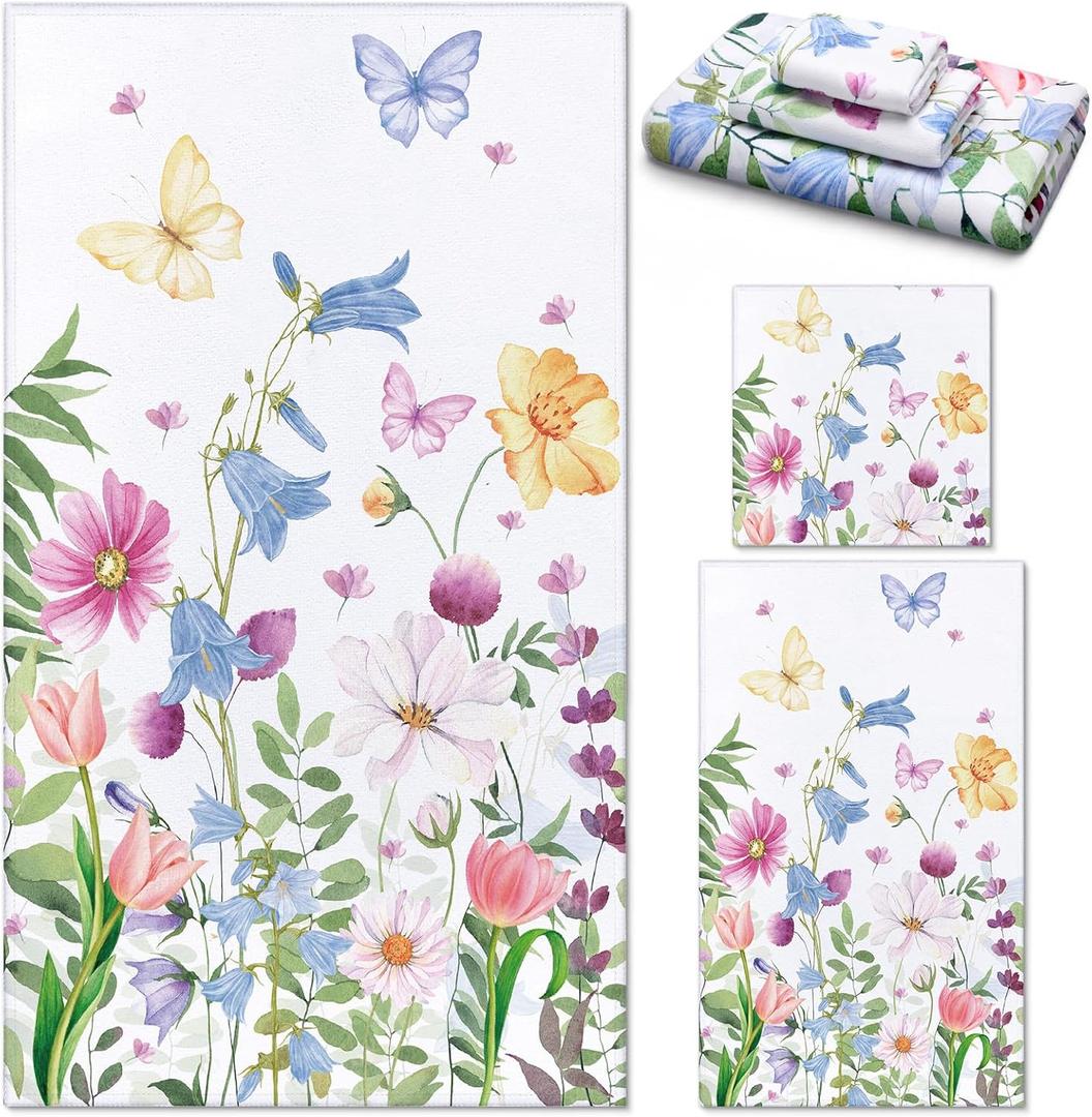Preboun 3 Pack Floral Hand Towels Spring Bathroom Towels Set Watercolor Wildflower Hand Towels Butterfly Bath Towels Plant Leaves Dish Towels for Bathroom Kitchen Hotel Gym Spa (Pink, Blue, Yellow)