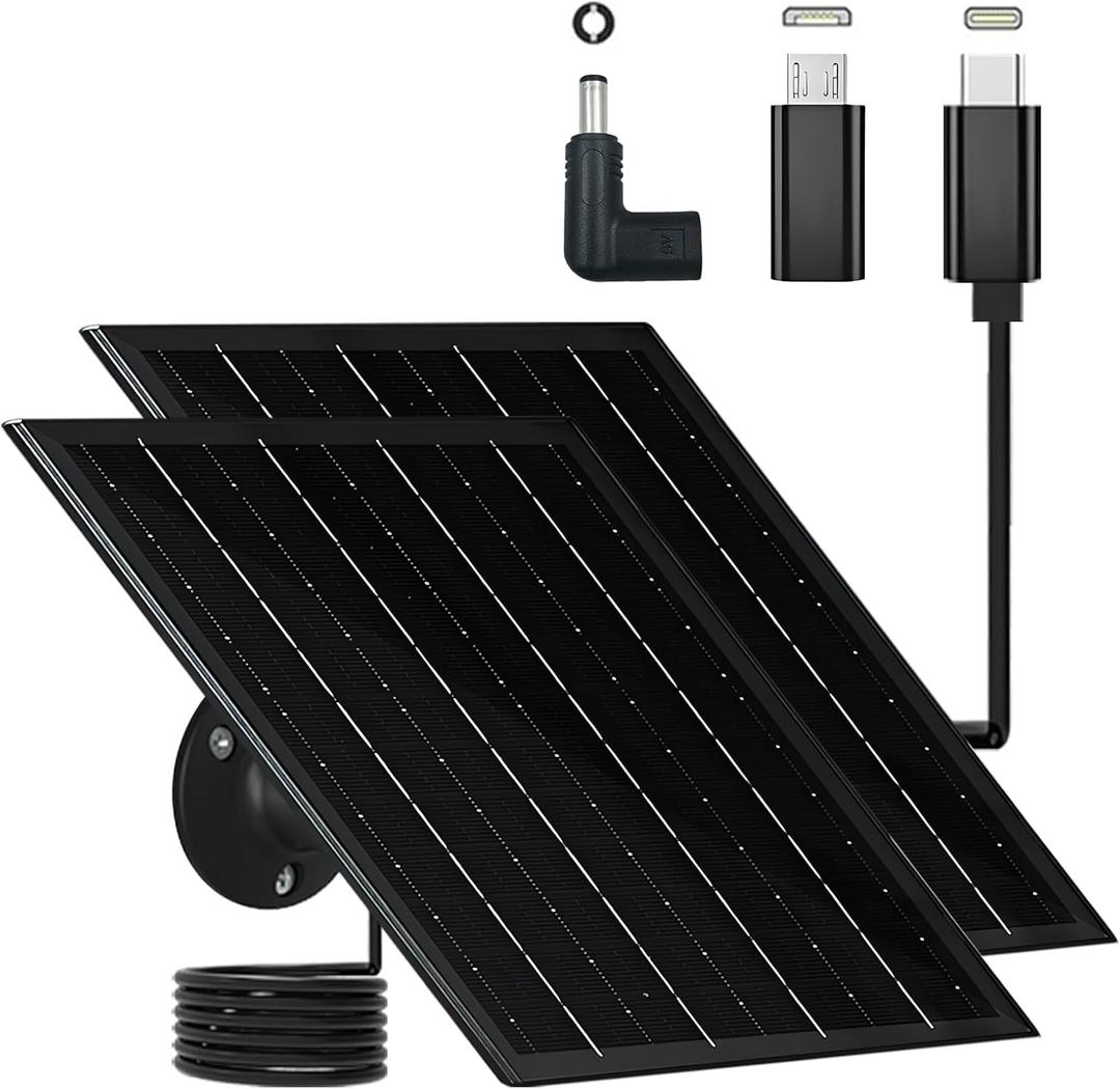 Solar Panel for Security Camera 5V 6W USB Solar Panel Charger Type-C PortMicro USB PortDC Port Solar Sanels for Cameras with 9.8ft Charging Cable Charging Power IP65 Waterproof (2 Pack Black)