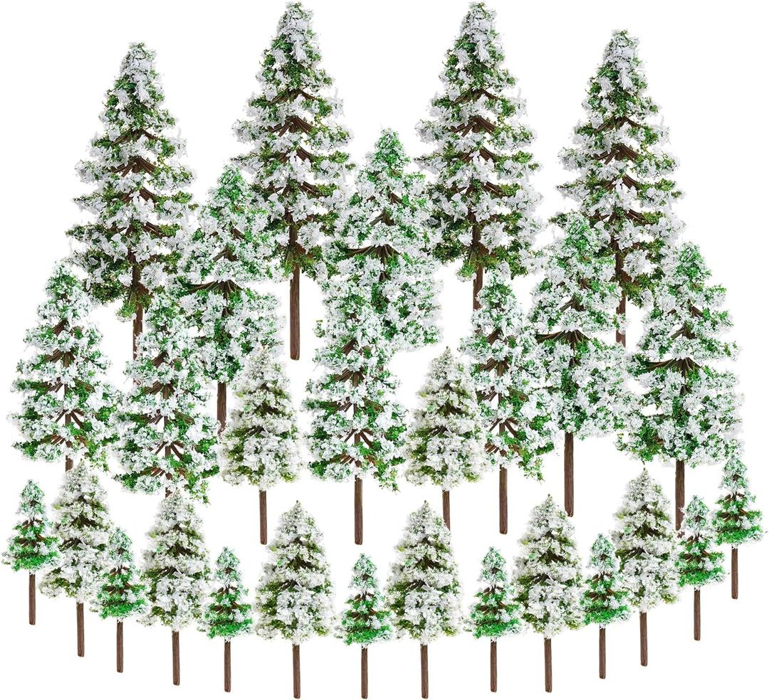 jiebor 28pcs Mini Christmas Trees Small Fake Miniature Snow Pine Model 2-5 Inch for DIY Village Train Railway Sand Table Buildings Architecture Diorama Garden Scenery Decor Supplies Green