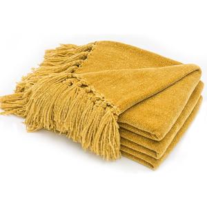 RECYCO Throw Blanket Soft Cozy Chenille Throw Blanket with Fringe Tassel for Couch Sofa Chair Bed Living Room Gift (Mustard Yellow, 50'' x 60'')