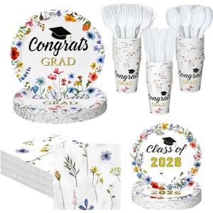 Yungyan 252 Pcs Wildflower Graduation Party Decorations Class of 2026 Congrats Grad Floral Graduation Plates Napkins Cups Forks Knives Disposable Tableware Set for College High School Party Supplies