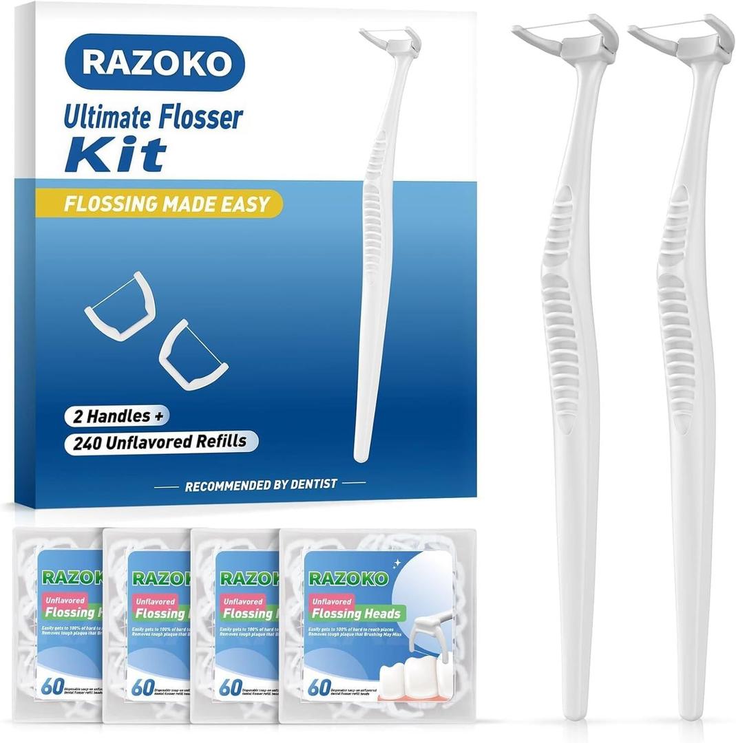 RAZOKO Reusable Dental Flosser Kit, Extra Strong Shred-Resistant Floss, for Hard to Reach Areas, PTFE & PFAS Free (2 White Handles + 240 Refills)