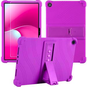 Caweet Case for T-Mobile Revvl Tab 2 10.1" Tablet (2025) with Tempered Glass Screen Protector, Heavy Duty Shockproof Full-Protection Adjustable Stand Silicone Cover, Purple