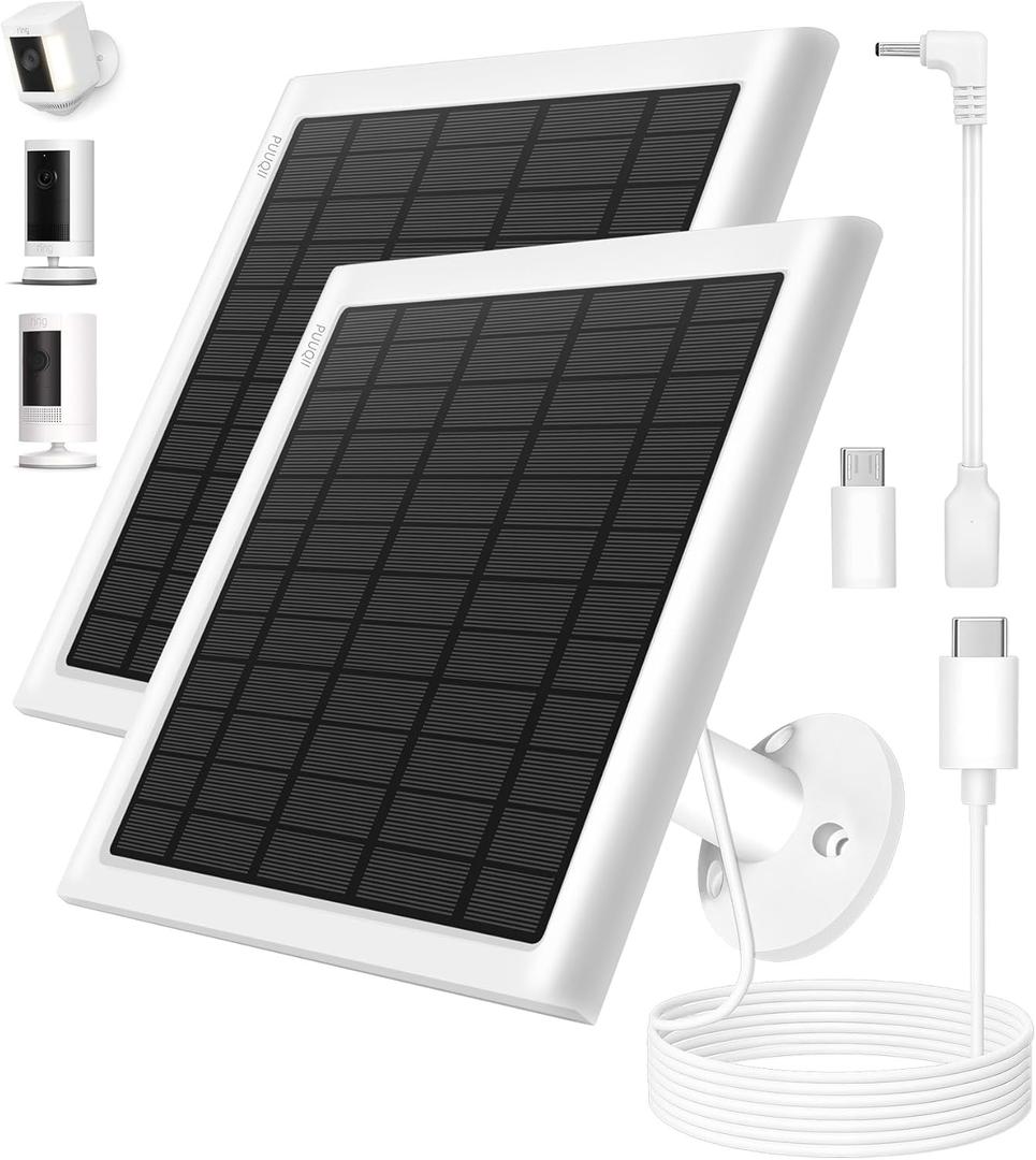 8W Solar Panel for Ring Camera, 2-Pack Solar Panel Charger Compatible with Ring Stick Up Cam Battery, Spotlight Cam Battery, Includes Barrel Plug to USB-C Adapter, IP65 Waterproof, 10ft Cable (White)