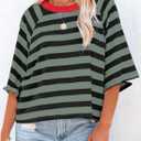 Dokotoo Tops for Women Striped 2025 Fashion T Shirts for Women Color Block Crewneck Design Loose Basic Tee (L)