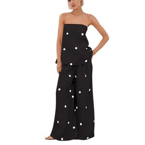 calbatic Women Polka Dot 2 Piece Outfits Strapless Tube Top High Waist Wide Leg Pants Summer Casual Lounge Sets, Large