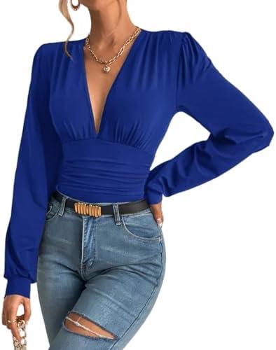 SURRO Women's Bodysuit Shirts Elegant Deep V Neck Leotard Blouses Long Sleeve Belly Hiding Tops Hook Closure XS