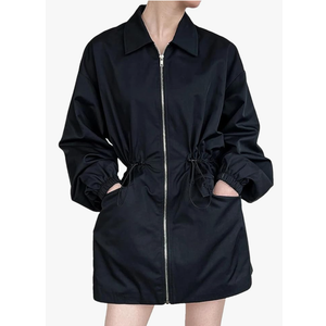 Women Drawstring Big Size Long Casual Turn-Down Collar Jacket Women Lapel Long Sleeve Zipper Coat, Size: M