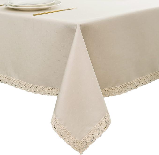 EHouseHome Faux Linen Tablecloth with Lace Trim - Waterproof/Spill Proof/Stain Resistant/Wrinkle Free/Oil Proof - for Banquet, Parties,Dinner,Kitchen,Wedding,Holiday,Nature, Square 52X52Inch