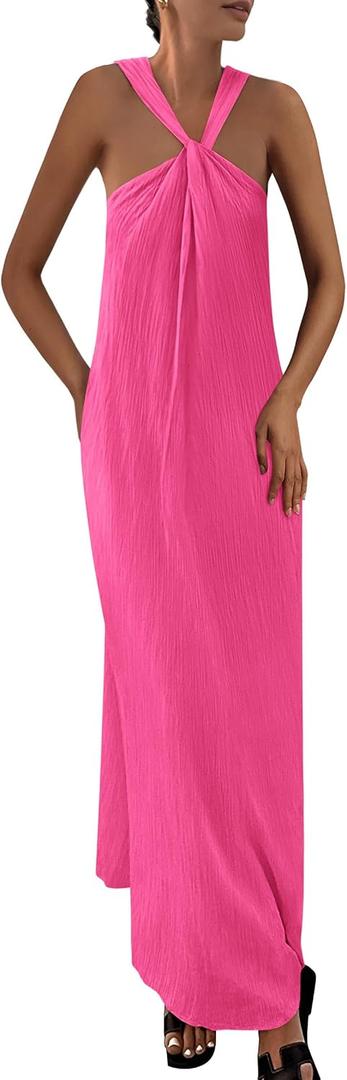 PRETTYGARDEN Womens 2026 Casual Long Summer Dresses Sleeveless Strappy Loose Flowy Beach Vacation Maxi Dress with Pockets (Pink, S)