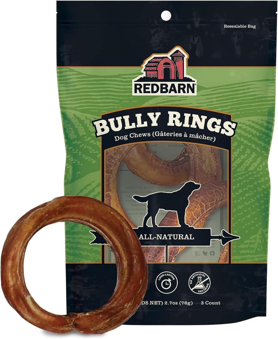 Redbarn Pet Products All-Natural 4" Bully Stick Rings for Dogs - Premium Grain-Free & Rawhide-Free Single Ingredient Long Lasting Low Odor Dental Treat for Chewers - 3 Count, Exp Date: 08/12/28