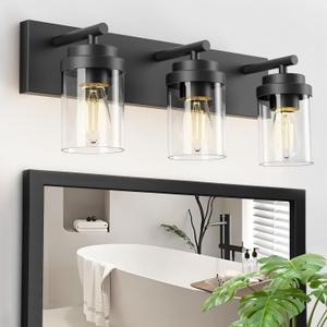 IZORRO Bathroom Vanity Light Fixture, 3-Light 22 Inch Matte Black Bathroom Light Fixtures Over Mirror, with Clear Glass Shade, Modern Farmhouse Vanity Lights, Rustic Restroom Lighting Fixtures