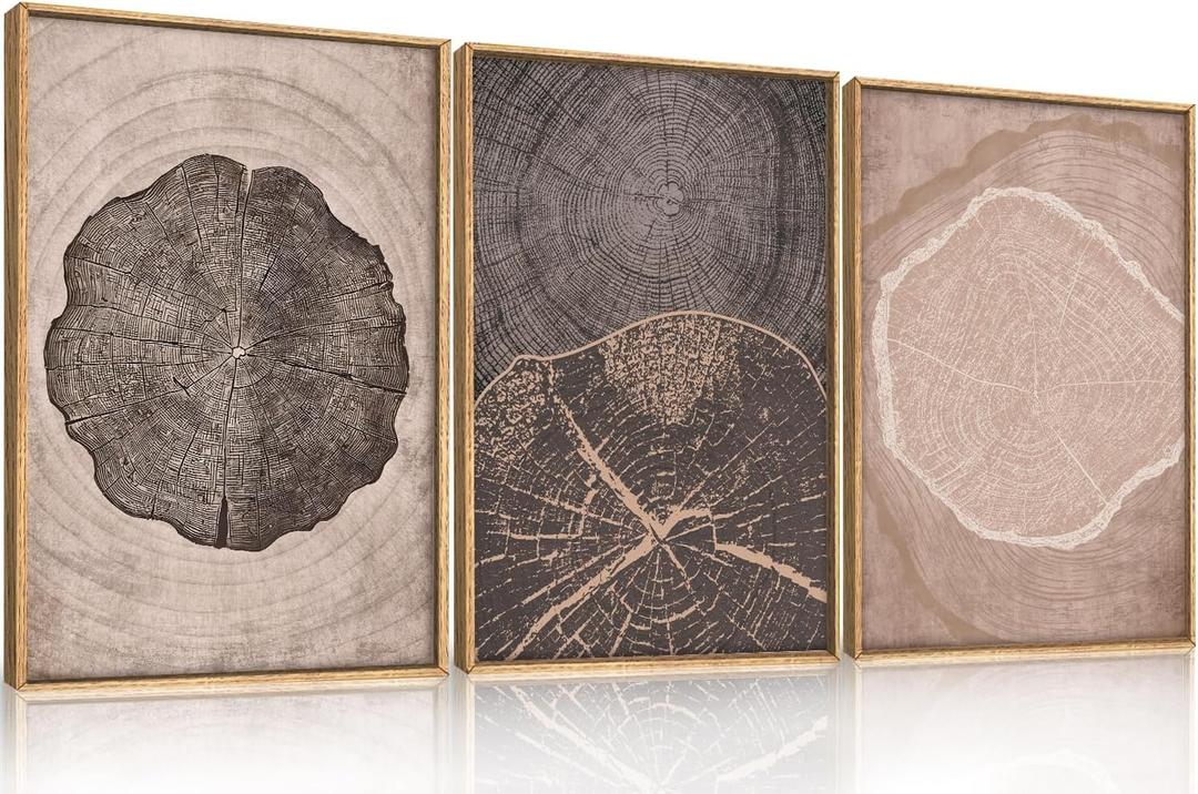 HOURIA Neutral Brown Tree Rings Framed Canvas Wall Art Set,Modern Beige Tan Wood Stump Wall Decor,Vintage Abstract Tree Spiral Art Print,Nature Black Artwork for Living Room,Bedroom,Office- 16"x24"x3