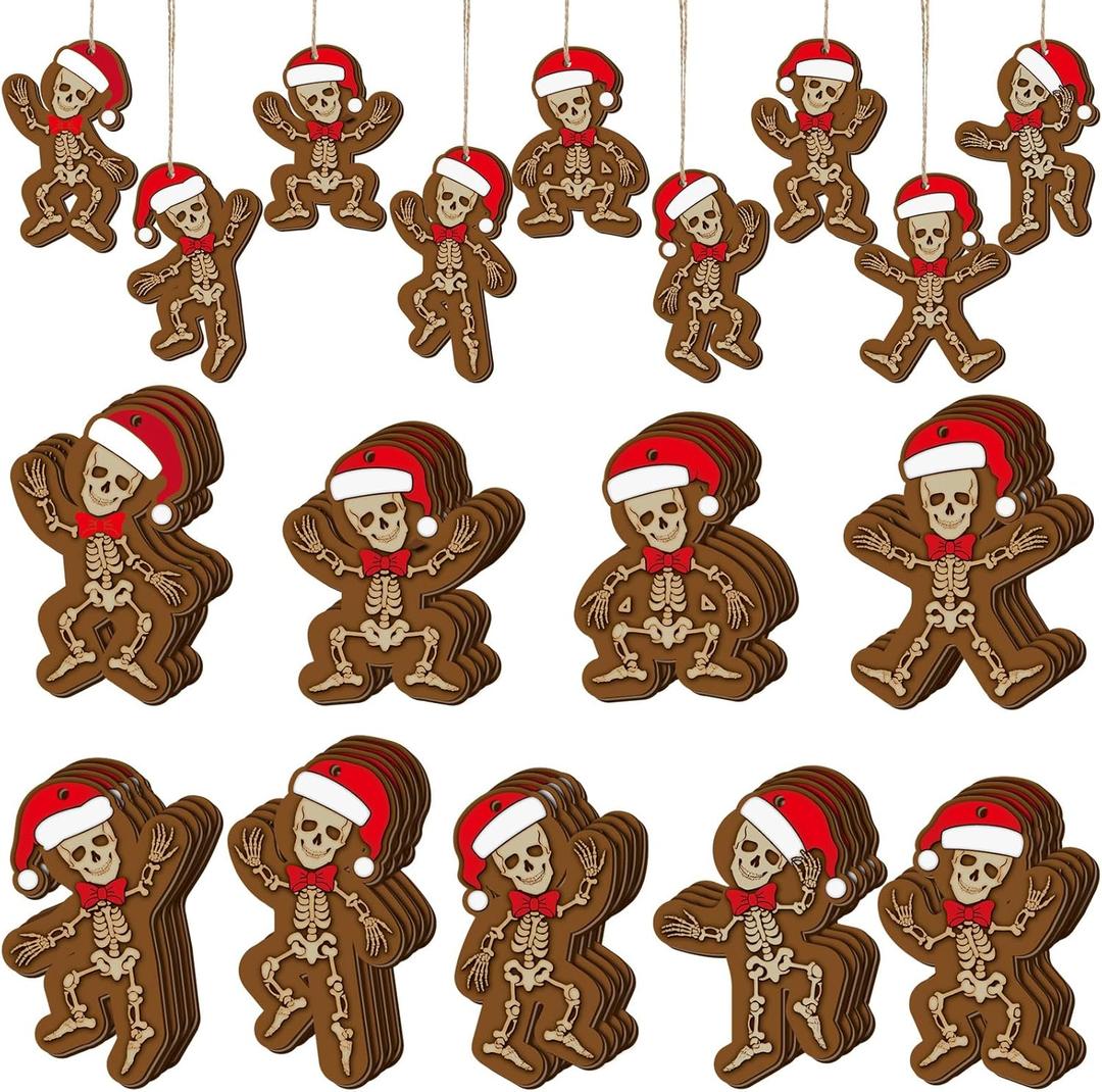 Huwena 36 Pcs Christmas Wood Ornaments Skeleton Gingerbread Man Ornaments Christmas Wooden Hanging Tree Decorations with Rope for Xmas Home Decorations