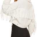 CHARTOU Women's Chic Button Down Tassel Fringe Denim Jean Cropped Jacket (Medium, White)