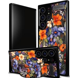 Compatible for Samsung Galaxy S24 Ultra Case Cute with Strap Stand Finger Kickstand, Designer Cool Silicone Cases Funda Cover - Brown Autumn Flowers Leaves