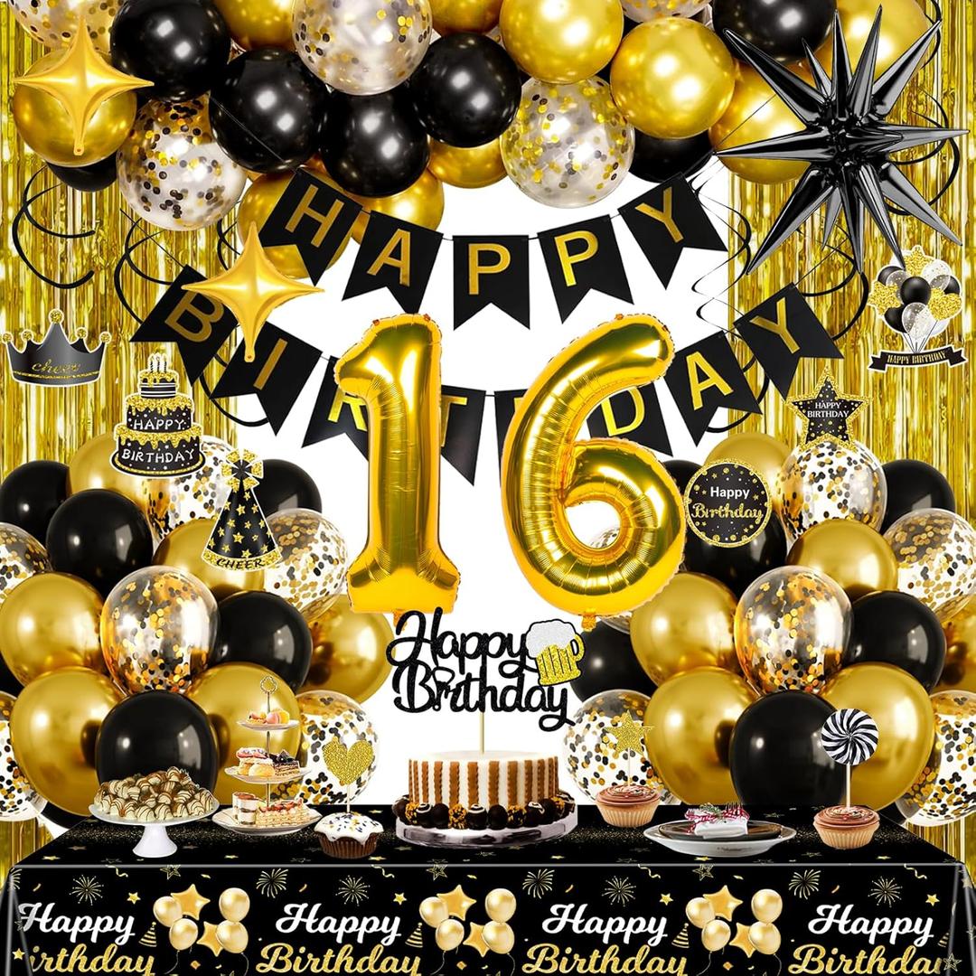 Black and Gold 16th Birthday Decorations for Boys Girls, Gold Party Decorations include Happy Birthday Banner, Tablecloth, Fringe Curtains, Star Foil Balloons for 16th Birthday Decorations