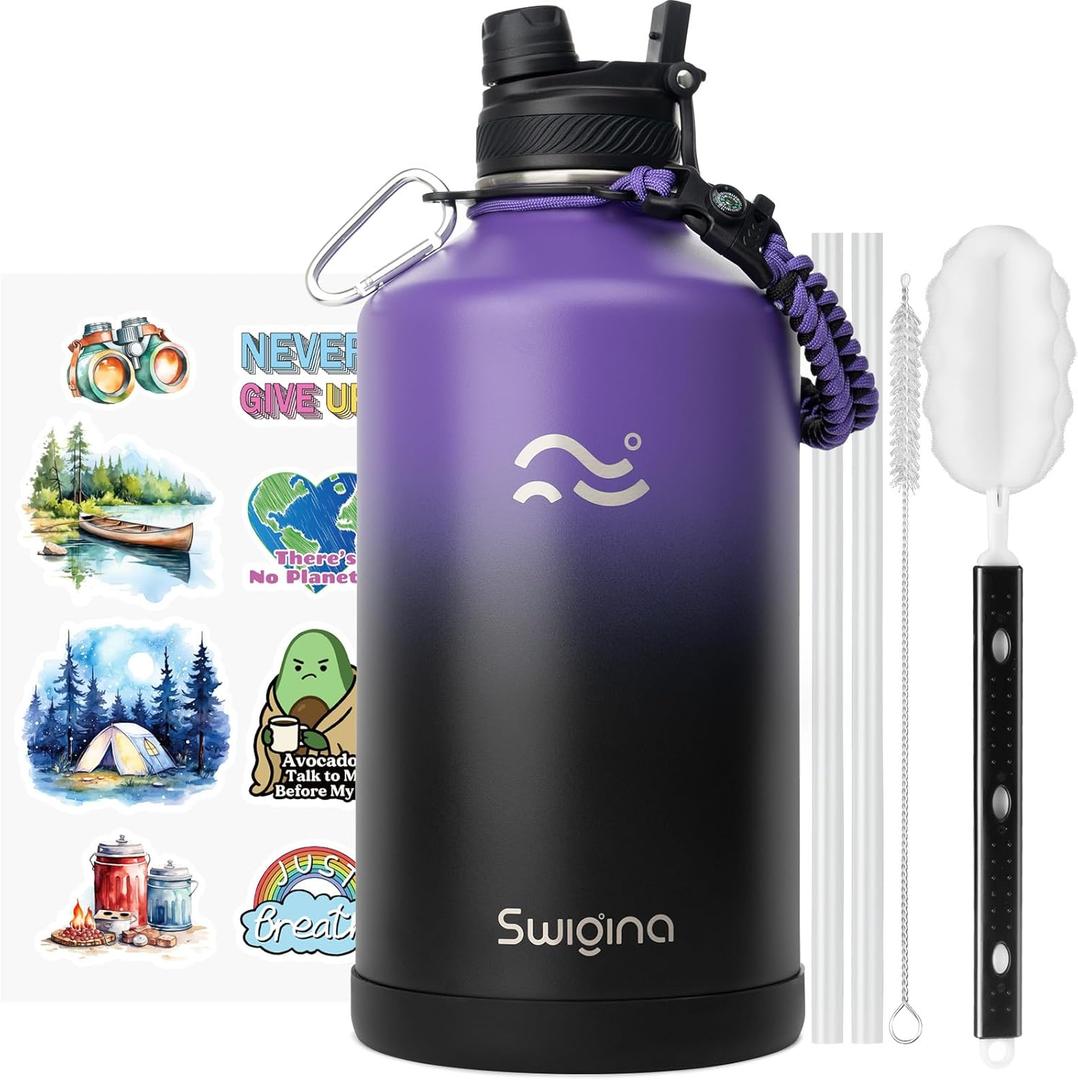 Swigina [2-IN-1 LID] Gallon Insulated Water Bottle with Silicone Boot (48hrs Cold/24hrs Hot) - DIY Stickers, Leakproof, BPA Free, 128 oz (Purple-Black)