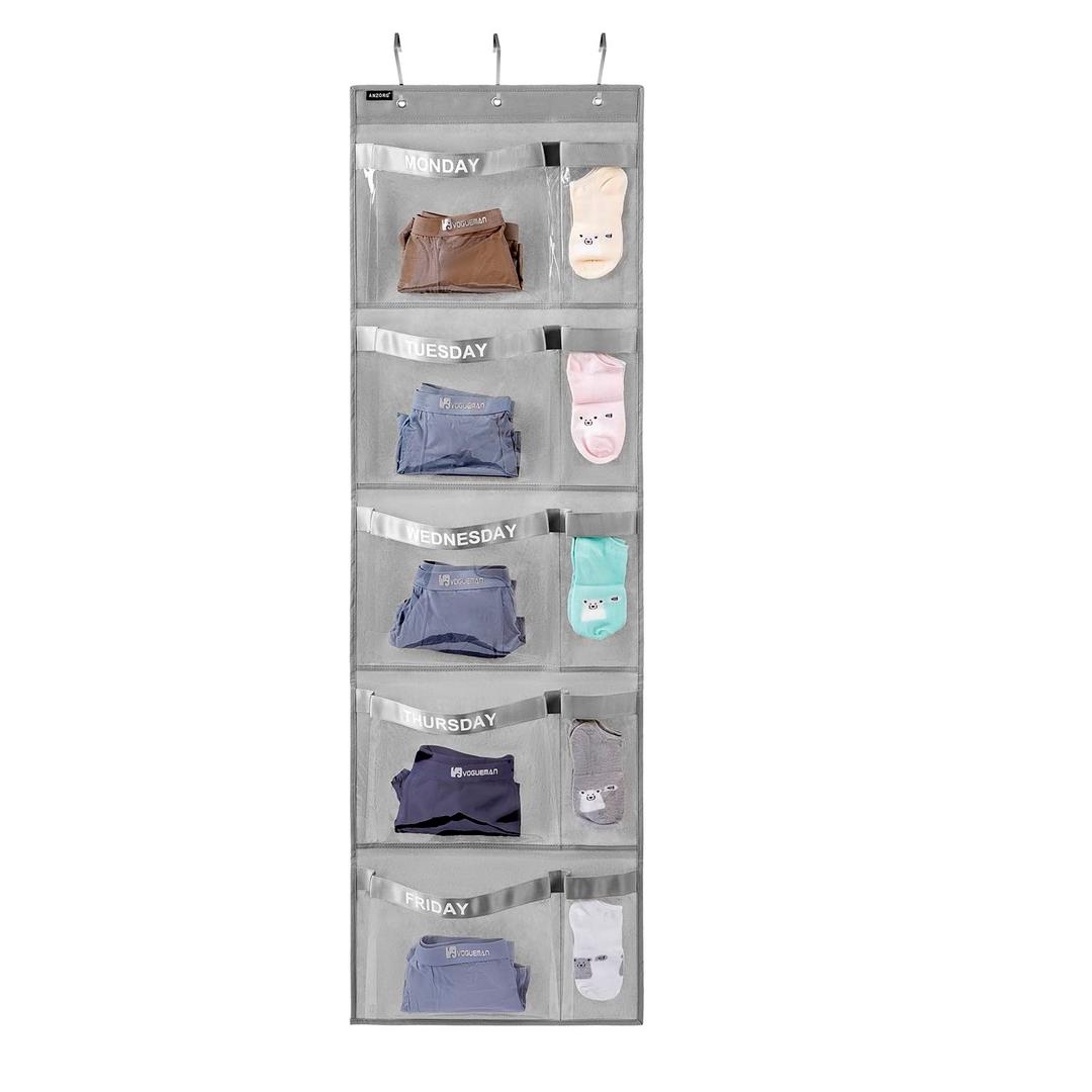 Weekly Kids Clothes Organizer Day of Week School Clothing Storage Monday to Friday Hanging Closet Organizer (Grey)