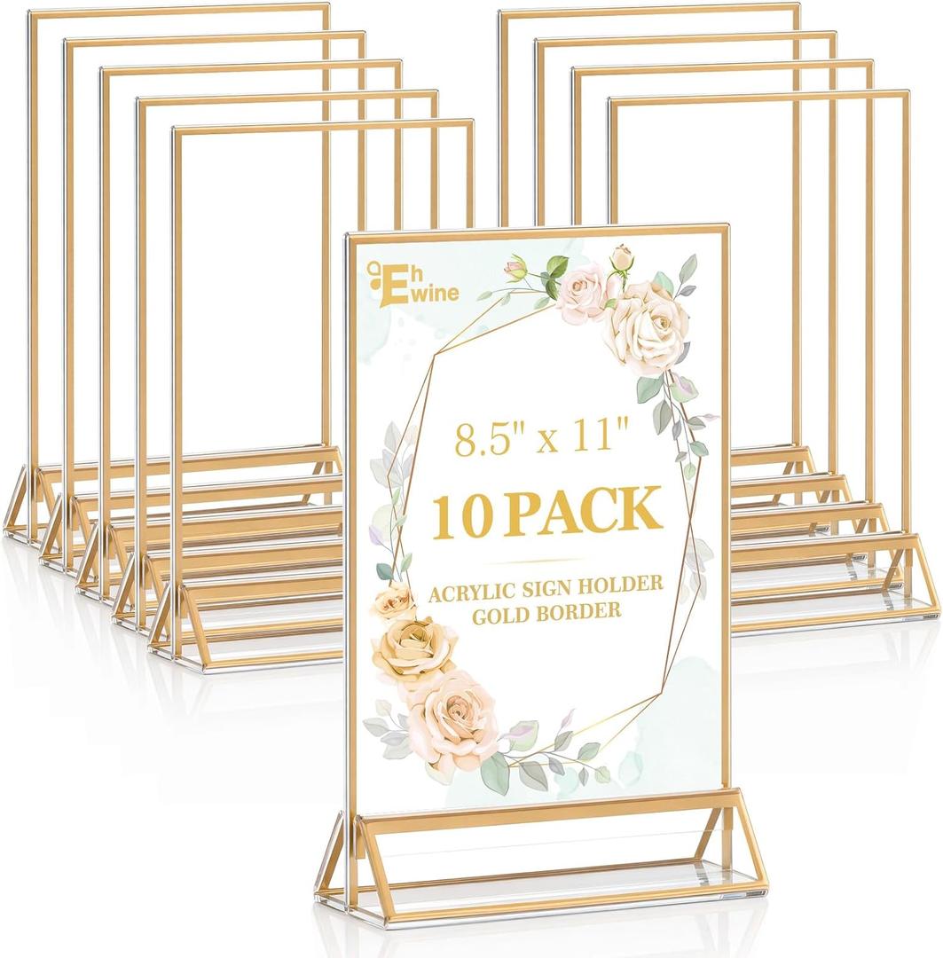 EHWINE 10 Pack 8.5×11 Clear Acrylic Sign Holder with Gold Borders and Vertical Stand, Double Sided Table Menu Holders Picture Frames for Wedding Table Numbers, Restaurant Signs, Photos and Art Display